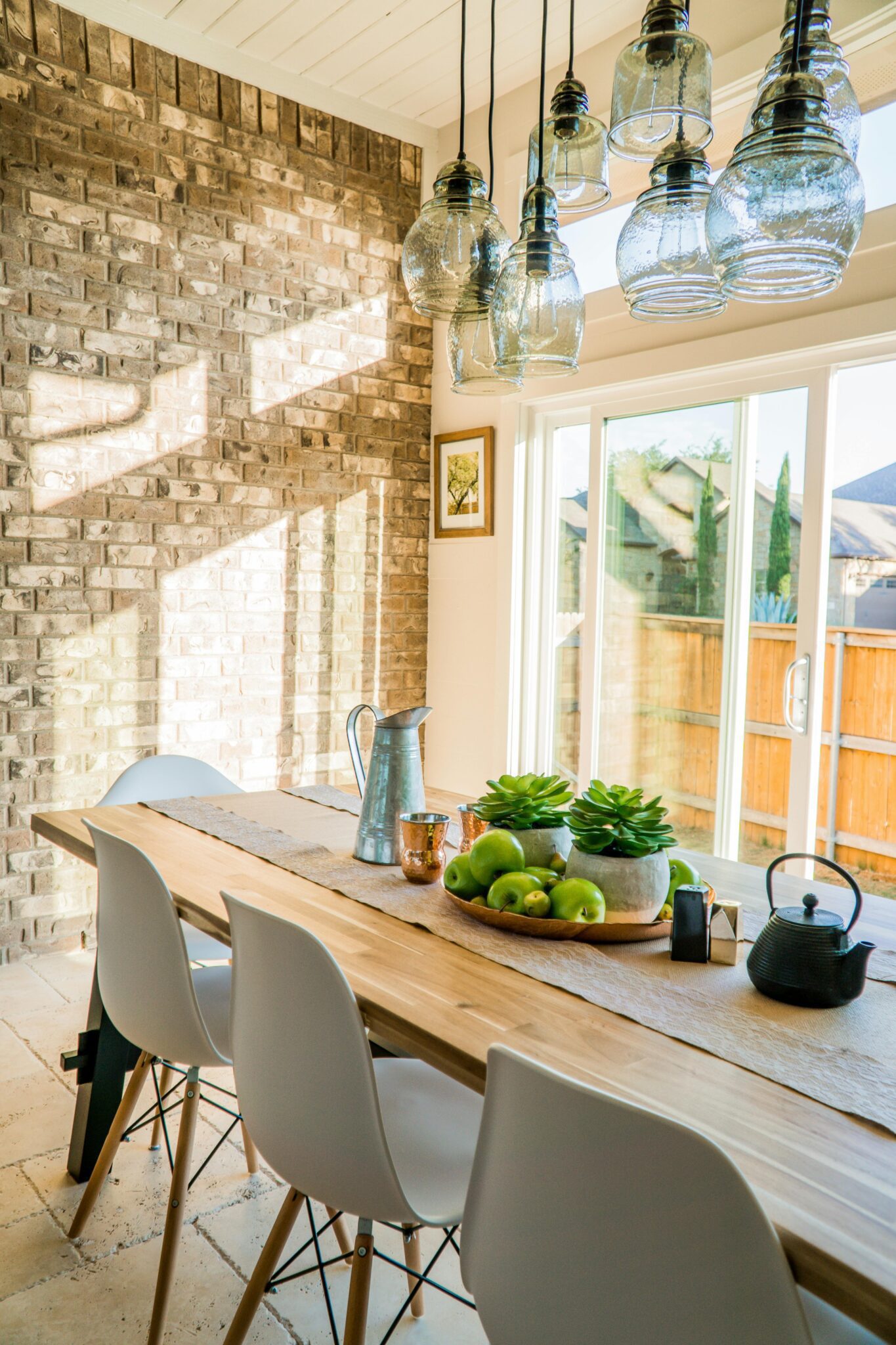 kitchen with brick wall in subdivision