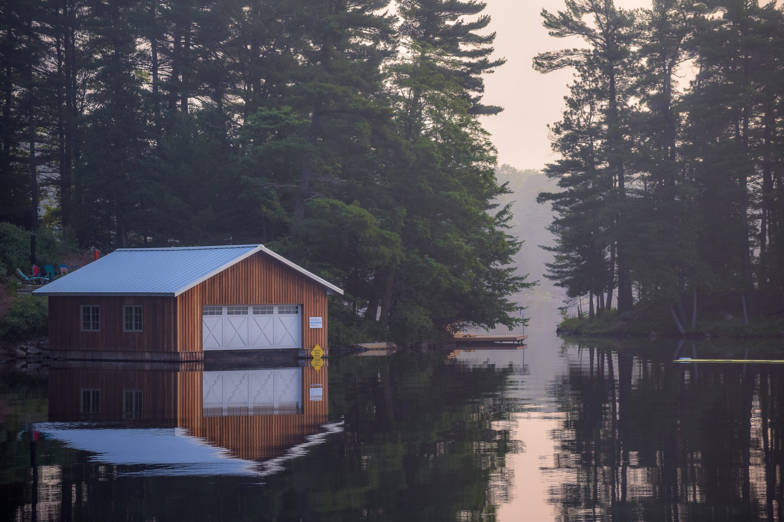 Sunrise on Stoney Lake, Ontario, Canada, Lake house, boat house.