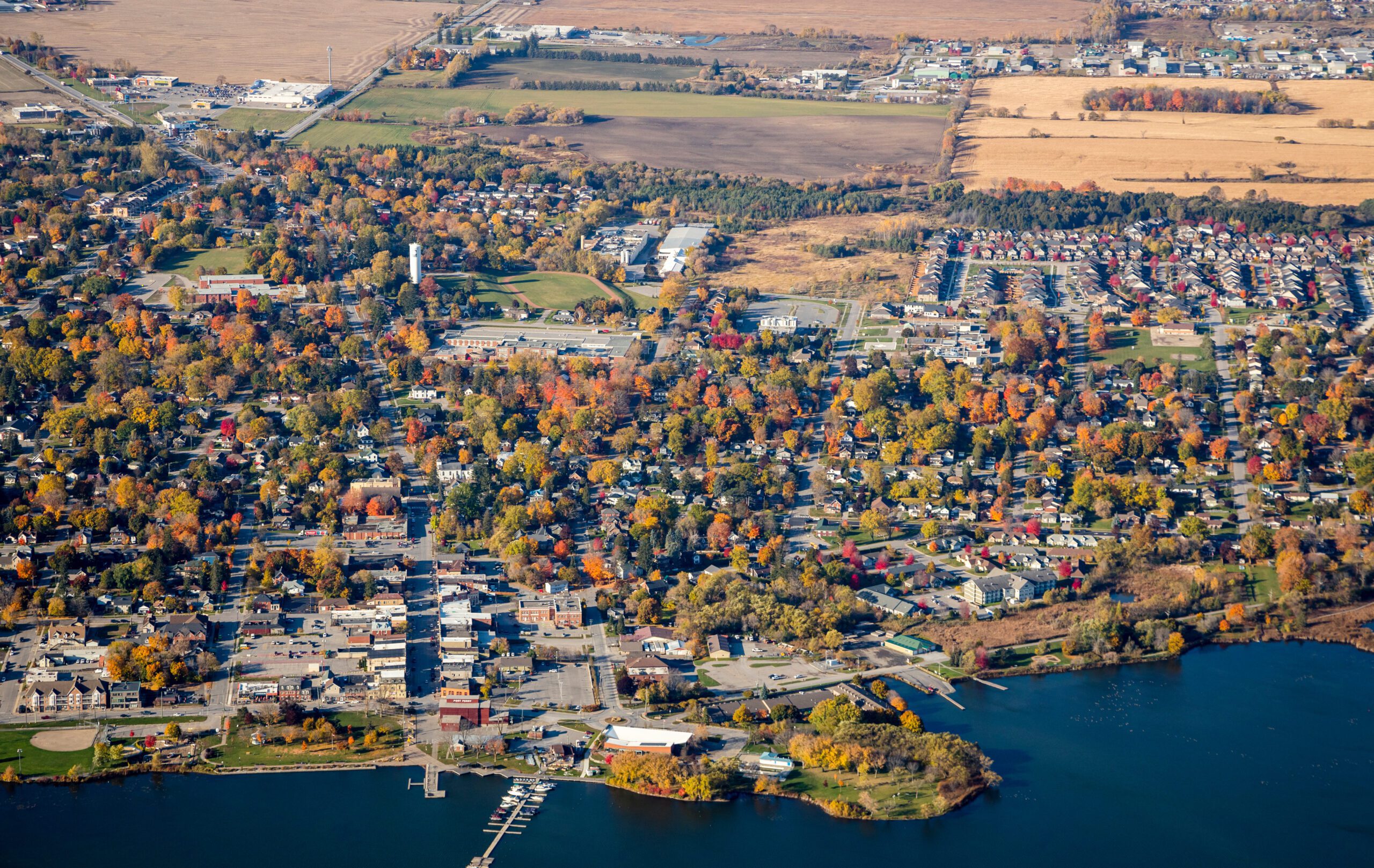 An aerial view of downtown Port Perry, a small Town on Lake Scugog, north of Durham Region.