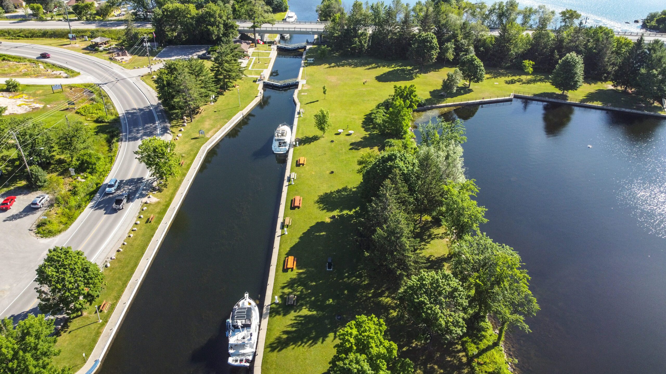 Aerial view of boats and Lock on the Trent Severn Canal in Buckhorn, Ontario, Canada