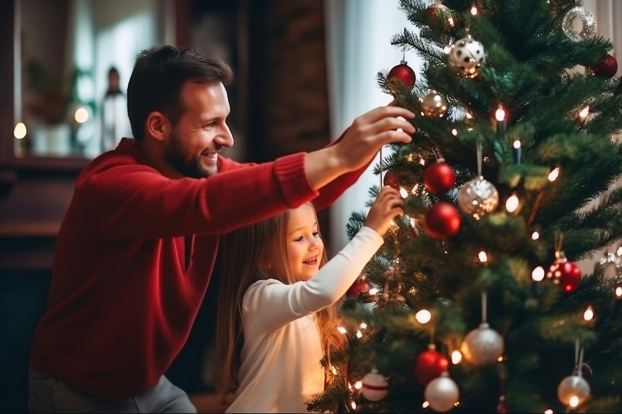 Father Daughter decorating Christmas Tree